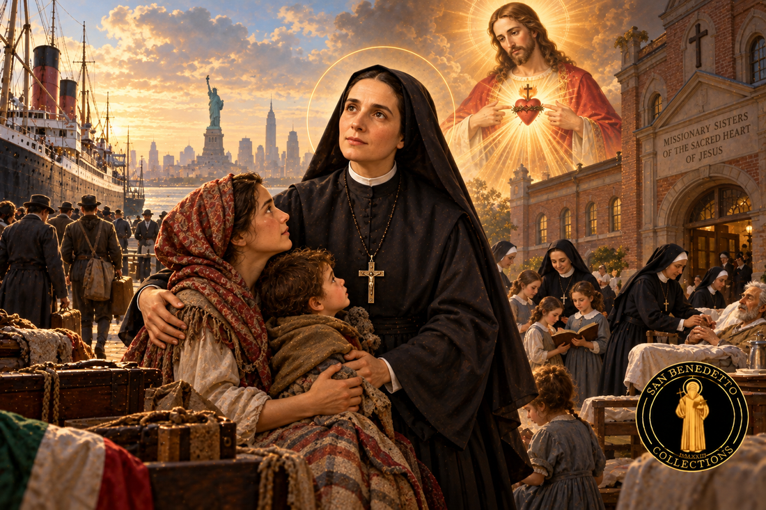 Devotional illustration of Saint Frances Xavier Cabrini comforting immigrants with the Sacred Heart of Jesus, New York harbor, missionary sisters and San Benedetto Collections emblem