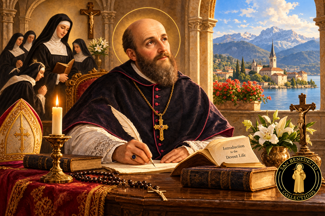 Devotional illustration of Saint Francis de Sales writing Introduction to the Devout Life, with Saint Jane Frances de Chantal, Annecy and San Benedetto Collections emblem