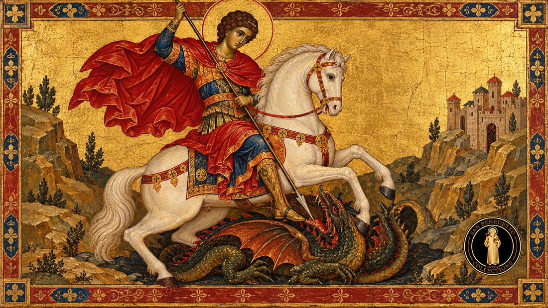 Saint George the Martyr on a white horse defeating the symbolic dragon in Byzantine-style iconography, with San Benedetto Collections logo