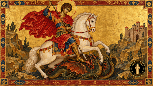 Saint George the Martyr on a white horse defeating the symbolic dragon in Byzantine-style iconography, with San Benedetto Collections logo