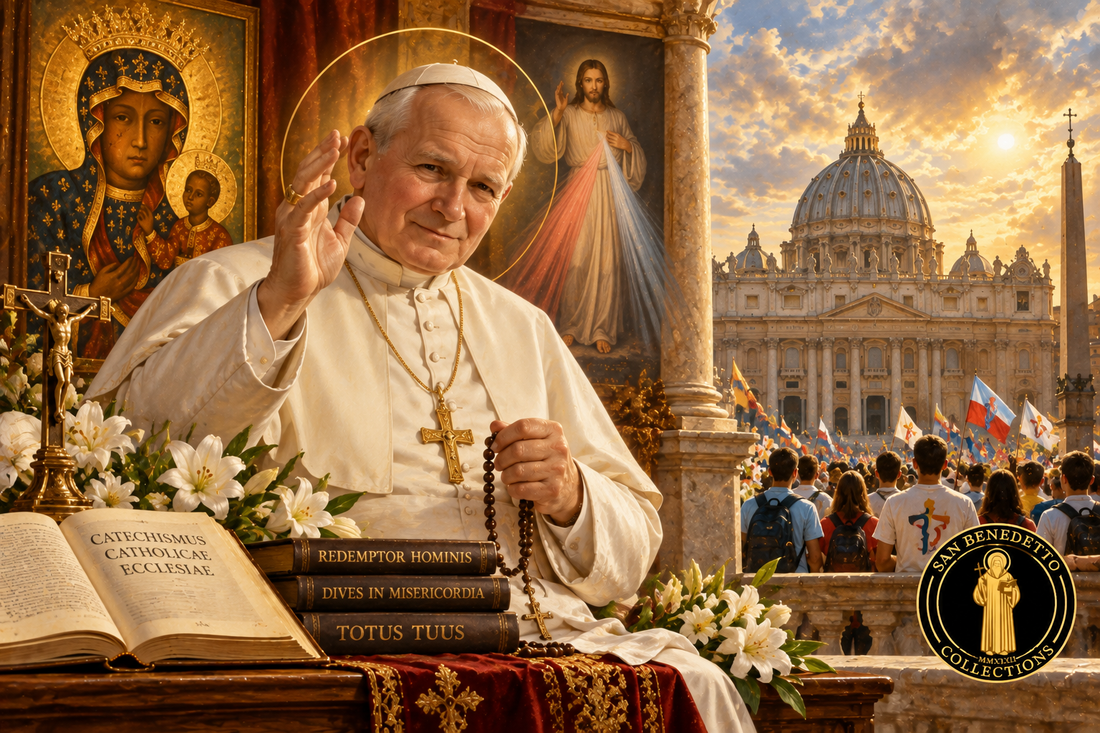 Devotional illustration of Saint John Paul II with Our Lady of Częstochowa, the Divine Mercy image, young pilgrims and St Peter's Basilica, with the San Benedetto Collections logo