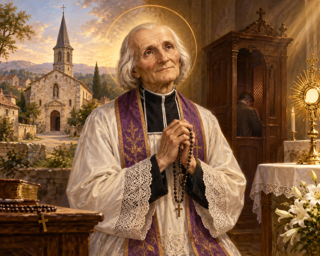 Saint John Mary Vianney, Curé of Ars, with a rosary, parish church, confessional and Eucharistic monstrance