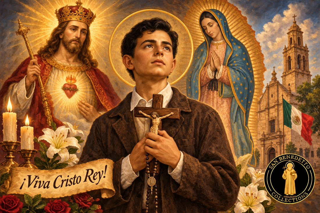 Devotional illustration of young Saint José Sánchez del Río with Christ the King, Our Lady of Guadalupe, Sahuayo and San Benedetto Collections emblem