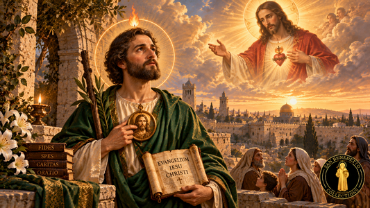 Saint Jude Thaddeus praying toward Jesus Christ, source of all graces, with Scripture and the San Benedetto Collections logo