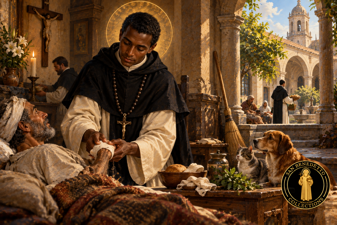 Artistic illustration of Saint Martin de Porres caring for a sick person, with Dominican habit, crucifix, broom, animals and San Benedetto Collections logo