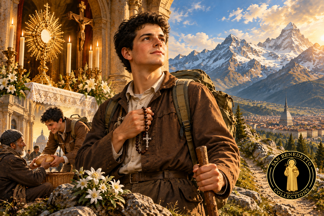 Devotional illustration of Saint Pier Giorgio Frassati with a rosary, the Eucharist, service to the poor and the Alps, featuring the San Benedetto Collections emblem