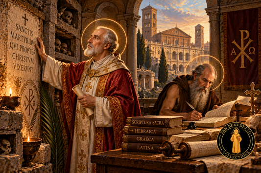 Devotional depiction of Pope Saint Damasus honoring Roman martyrs and Saint Jerome studying Scripture, with San Benedetto Collections logo