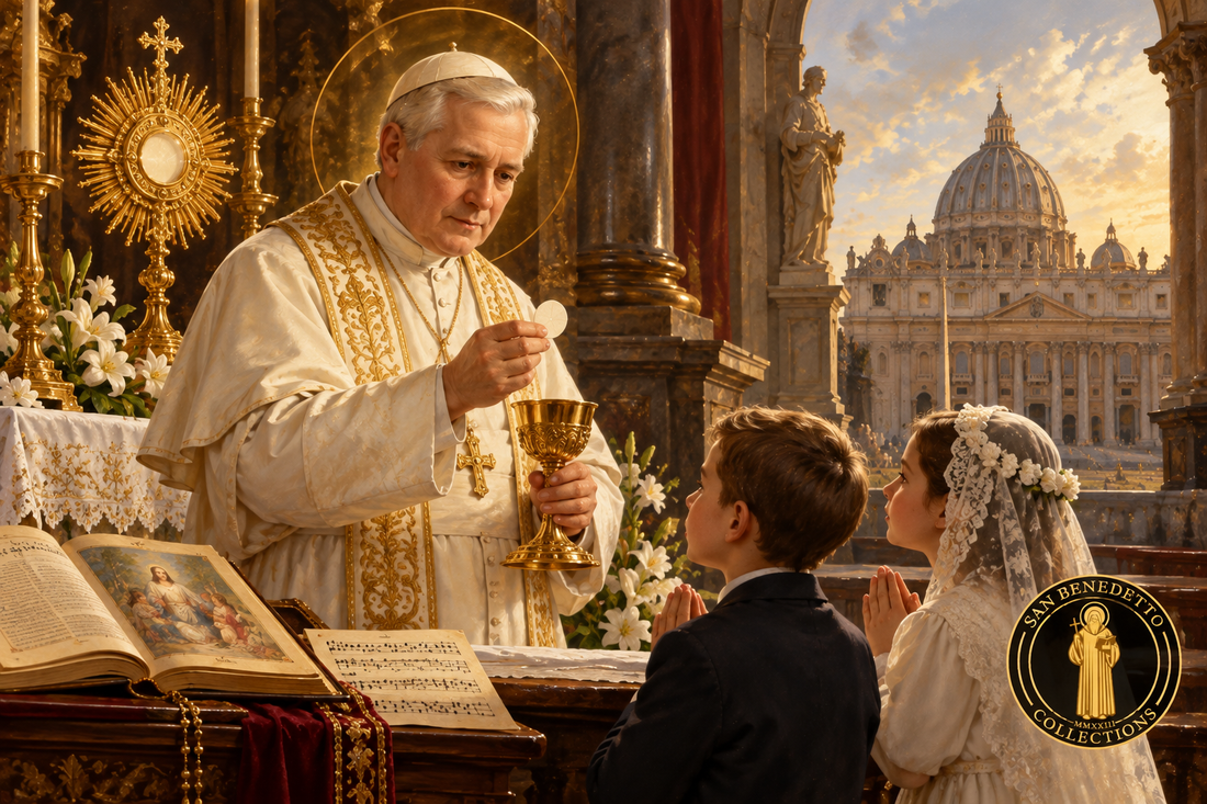 Devotional artistic illustration of Saint Pope Pius X with the Eucharist before children, Saint Peter's Basilica and the San Benedetto Collections logo; not a historical photograph