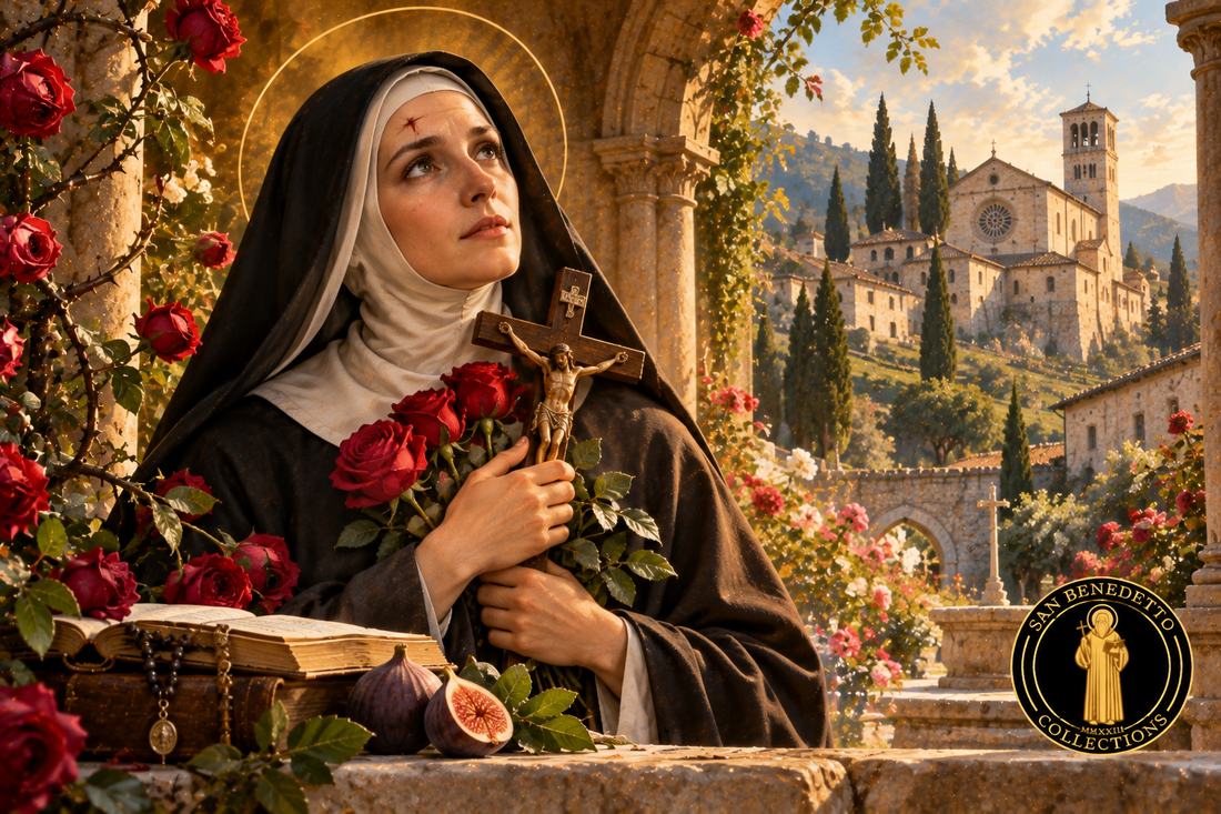 Devotional illustration of Saint Rita of Cascia with her Augustinian habit, crucifix, roses, thorn mark, monastery and San Benedetto Collections emblem