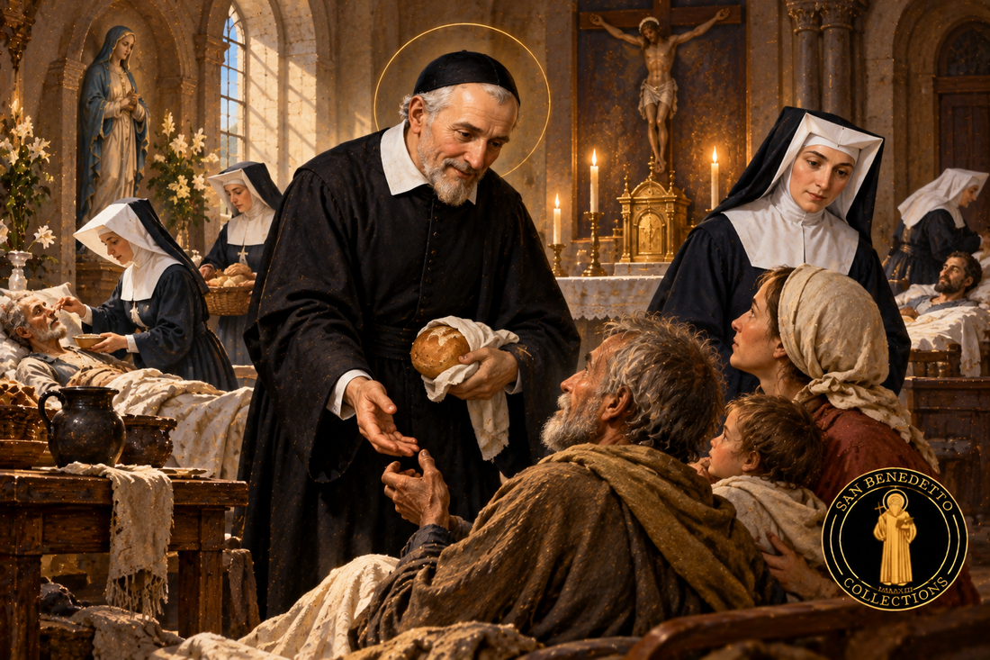 Devotional artwork of Saint Vincent de Paul helping the poor alongside Saint Louise de Marillac and the Daughters of Charity, with the San Benedetto Collections logo