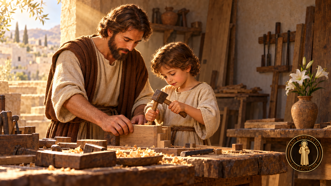 Saint Joseph teaches the Child Jesus woodworking in Nazareth, with lilies and warm morning light — San Benedetto Collections