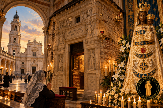 Artistic devotional illustration inspired by the Holy House and Basilica of Loreto, Our Lady with Child, pilgrims at prayer, and San Benedetto Collections logo