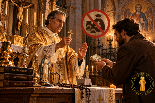 A priest refuses payment for a spiritual blessing; God's grace is not for sale. San Benedetto Collections devotional artwork.