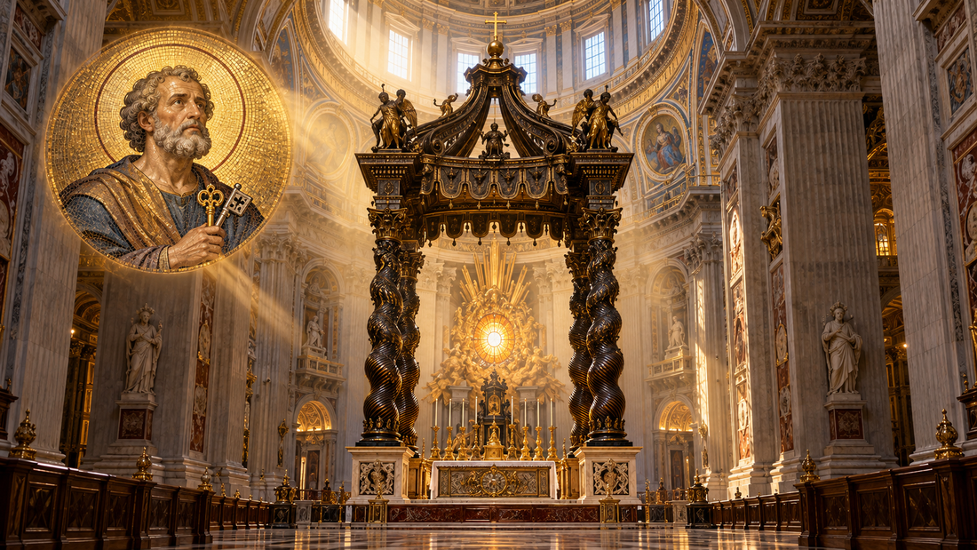 Artistic depiction of Saint Peter's Basilica's papal altar and Bernini's baldachin, with a Byzantine-inspired Saint Peter icon. Saint Peter's traditional tomb lies beneath the altar.