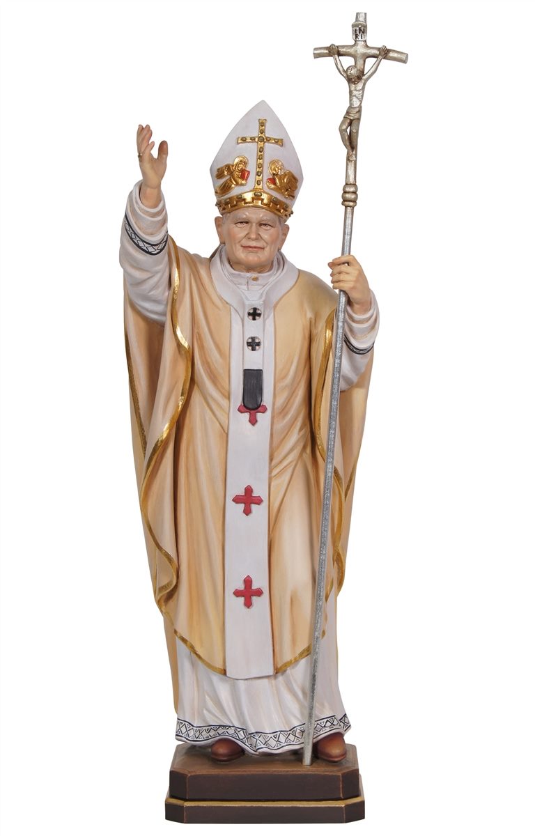 Estatua PEMA de madera de arce alpino de San Juan Pablo II pintada a mano de 8 pulgadas.