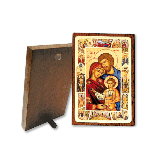 Mesa de madera con icono de la Sagrada Familia, tamaño 4,5x3 pulgadas
