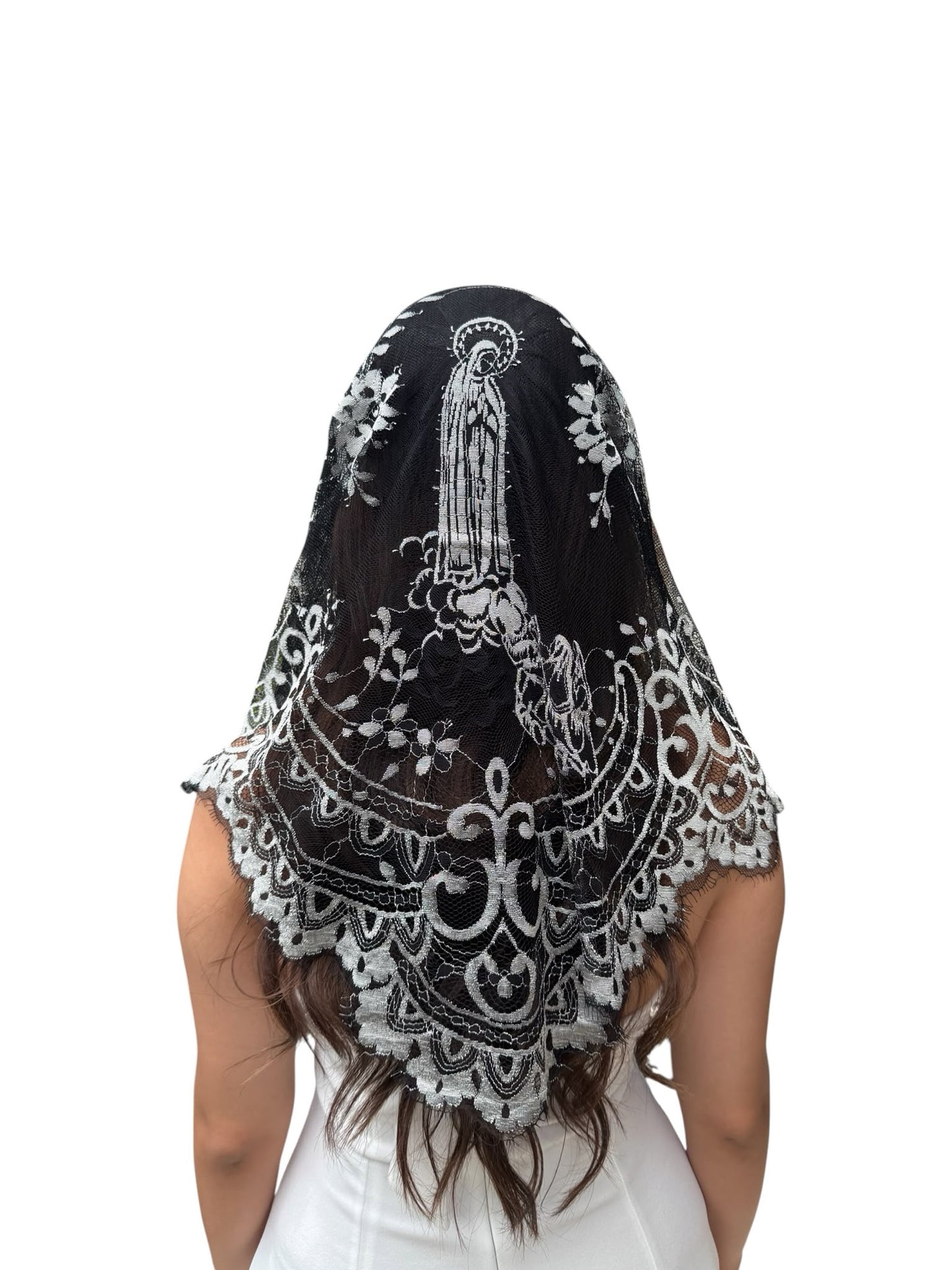 Velo triangular plateado y negro – Nuestra Señora de Fátima