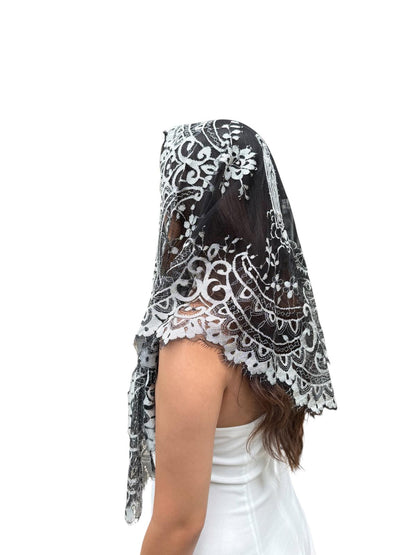 Velo triangular plateado y negro – Nuestra Señora de Fátima