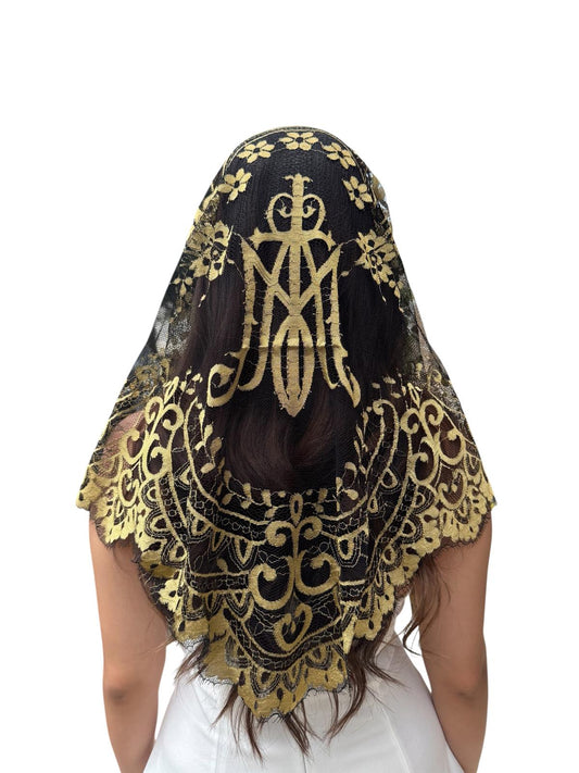 Velo litúrgico triangular oro y negro – Monograma mariano