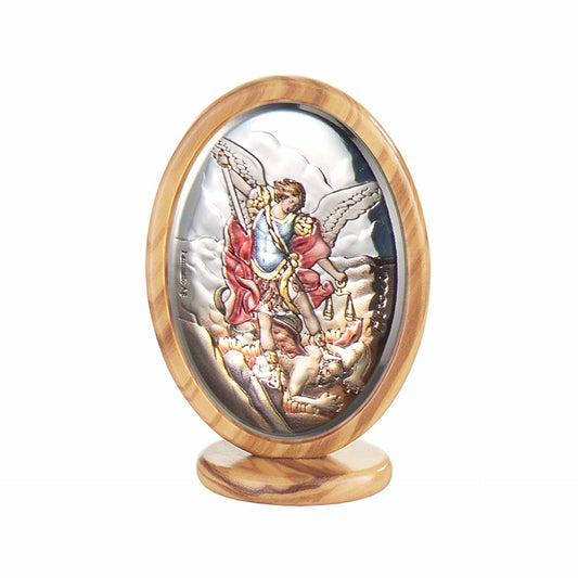 Saint Michael on Silver Plaque Painted with Olive Wood Base 3.5x2.3 inches