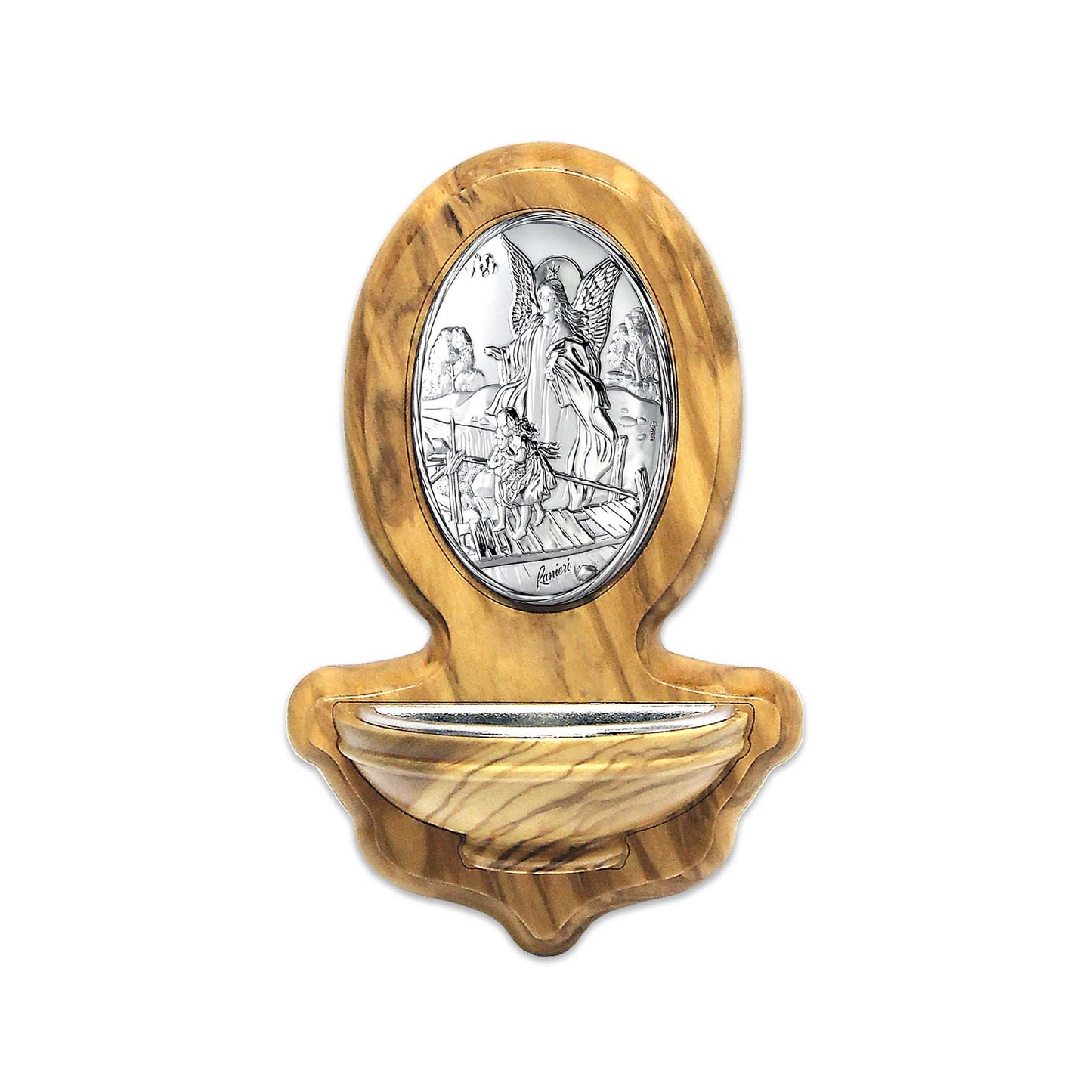 Ángel de la Guarda – Pila de agua bendita en madera de olivo con placa de plata.