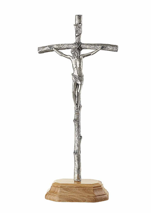 Metal Crucifix with Olive Wood Base 11.5x4.5 Inches