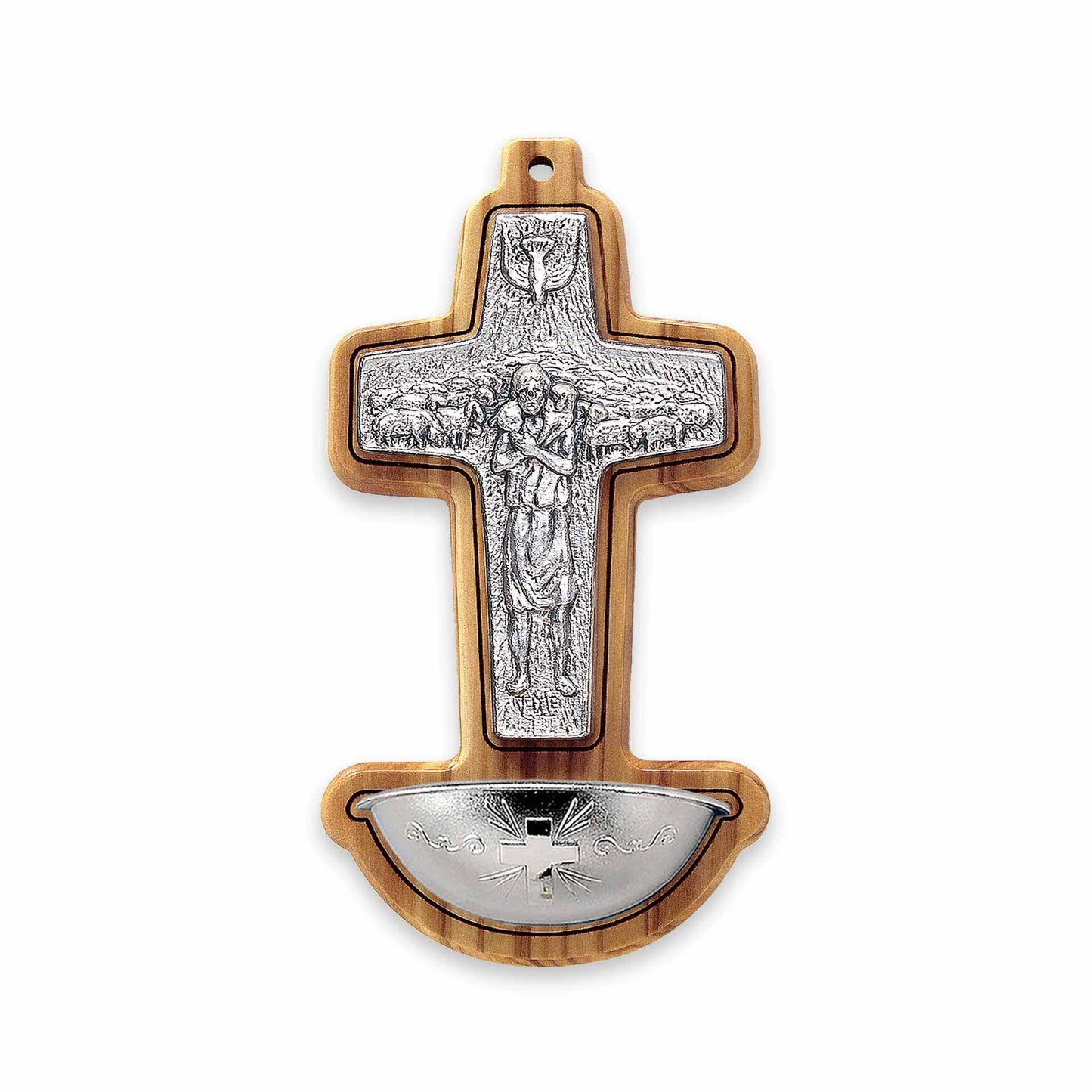 Pila de agua bendita de madera de olivo con la cruz pastoral del papa Francisco