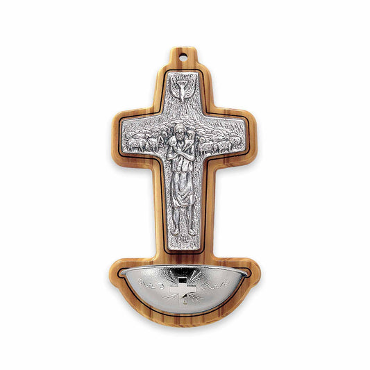 Pila de agua bendita de madera de olivo con la cruz pastoral del papa Francisco