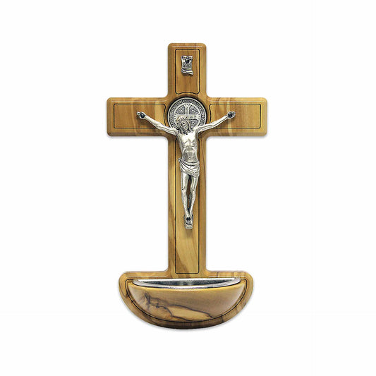 St. Benedect Crucifix with holy water stoup, in olive wood 7x4 Inches