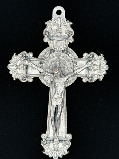 Silvery Metal Saint Benedict Crucifix with decorations 4.9 x 3 Inch