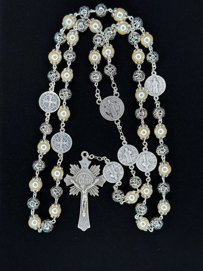 Saint Benedict Rosary Ivory Pearl Bead 8 mm
