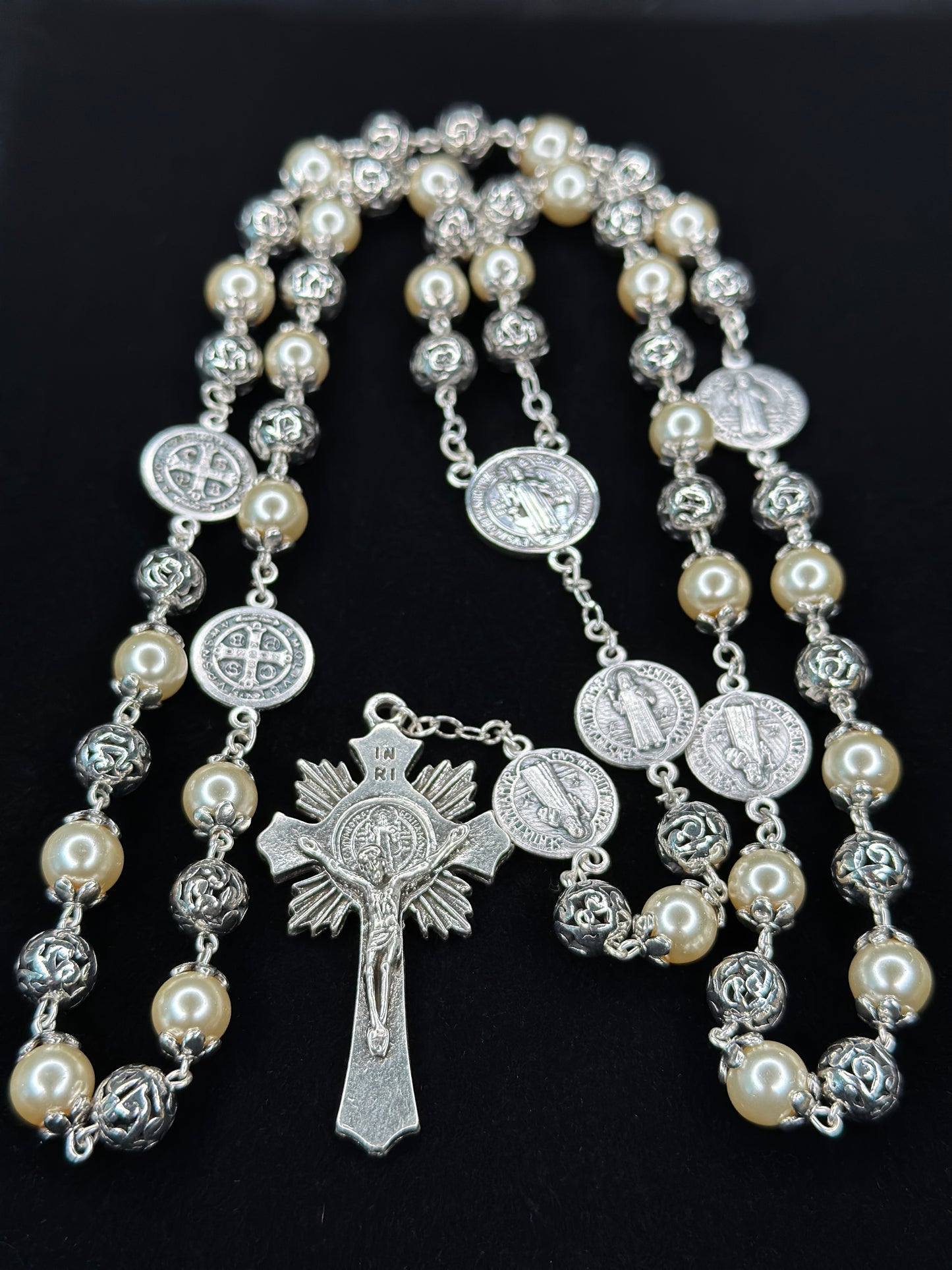 Saint Benedict Rosary Ivory Pearl Bead 8 mm