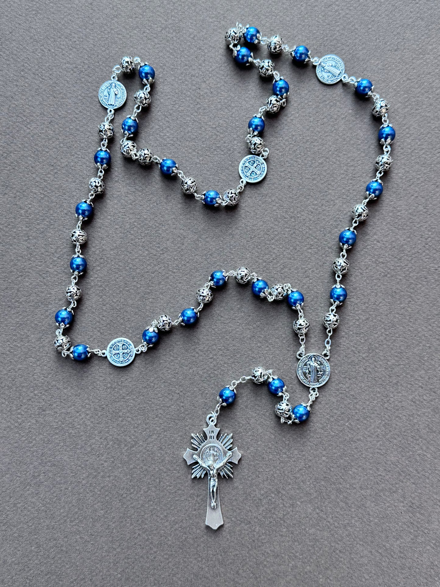 Saint Benedict Rosary Blue Pearl Bead 8 mm