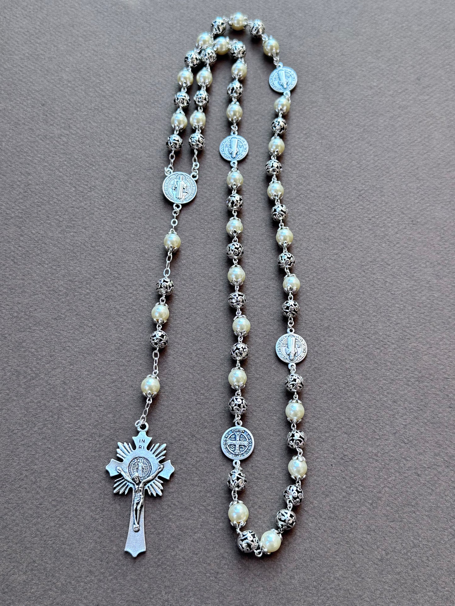 Saint Benedict Rosary Ivory Pearl Bead 8 mm