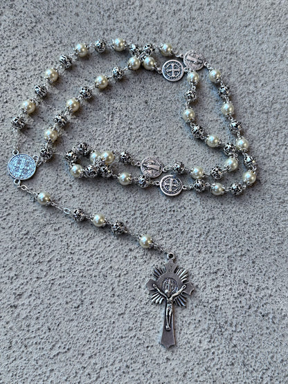 Saint Benedict Rosary Ivory Pearl Bead 8 mm