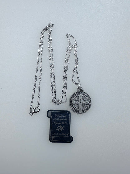 Medaglia di San Benedetto Coniata in argento 925 ø mm 21 Con Catena Argento 925/Rodio
