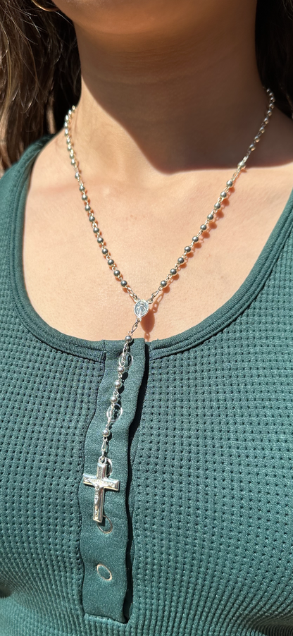 Rosario redondo de plata 925 + cierre, tamaño 4 mm. Collar de 18 pulgadas