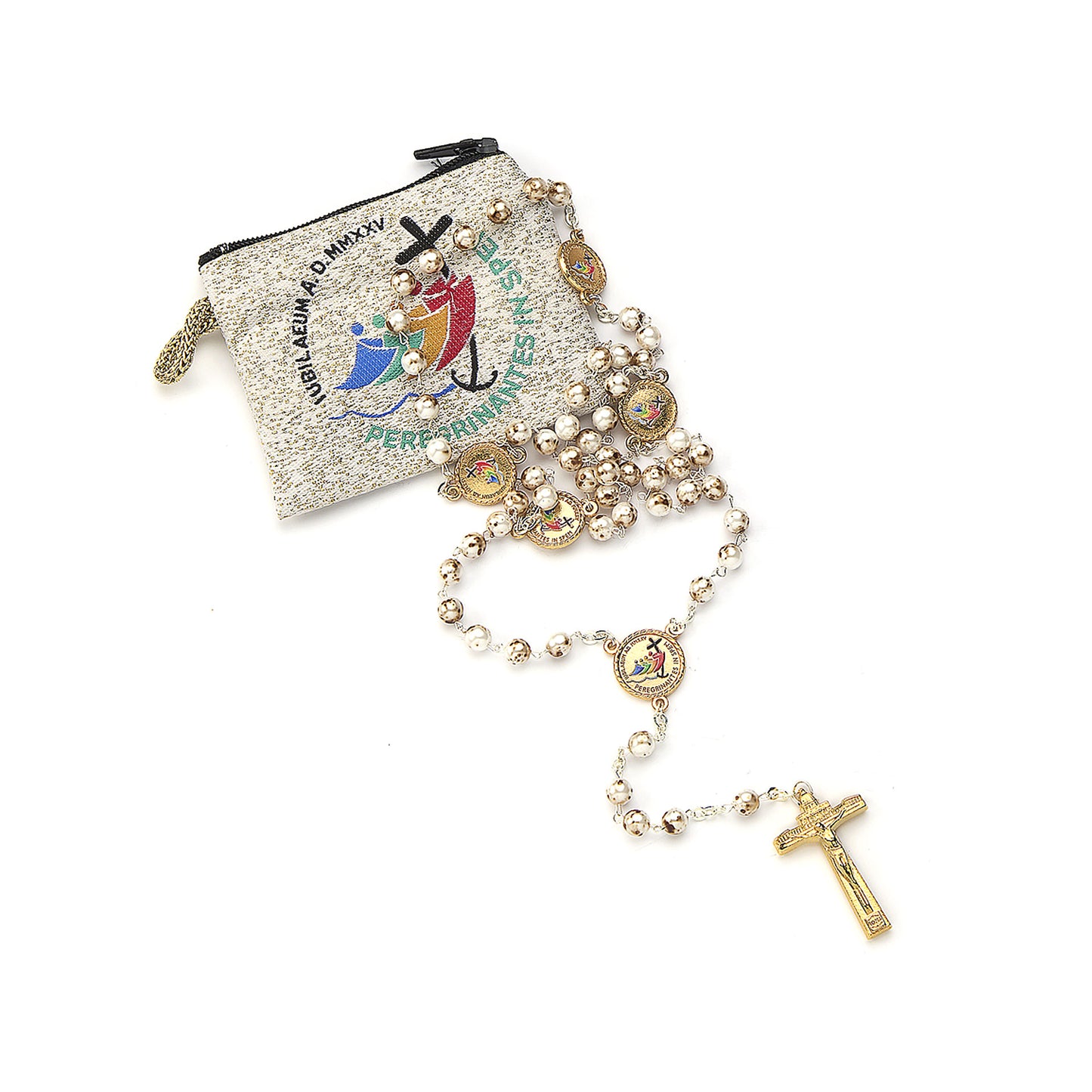 Rosario con cuentas de cristal y medallas jubilares de oro y crucifijo