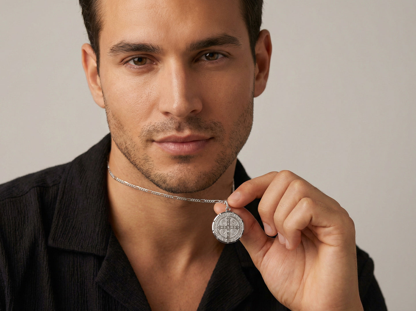 Medaglia di San Benedetto/Catena in Argento 925/Rodiato mm.25