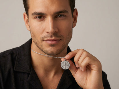 Medaglia di San Benedetto/Catena in Argento 925/Rodiato mm.25