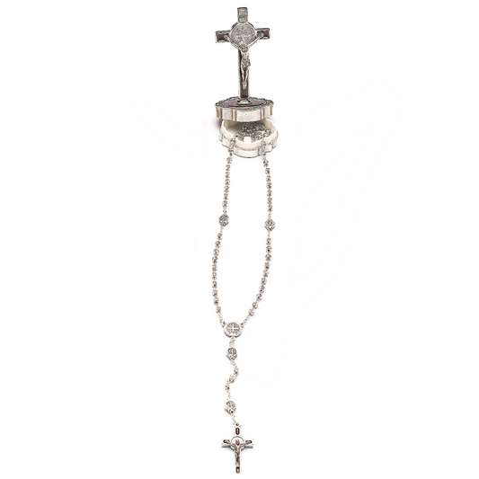 Porta Rosario Color Plata Con Crucifijo Y Rosario De Metal