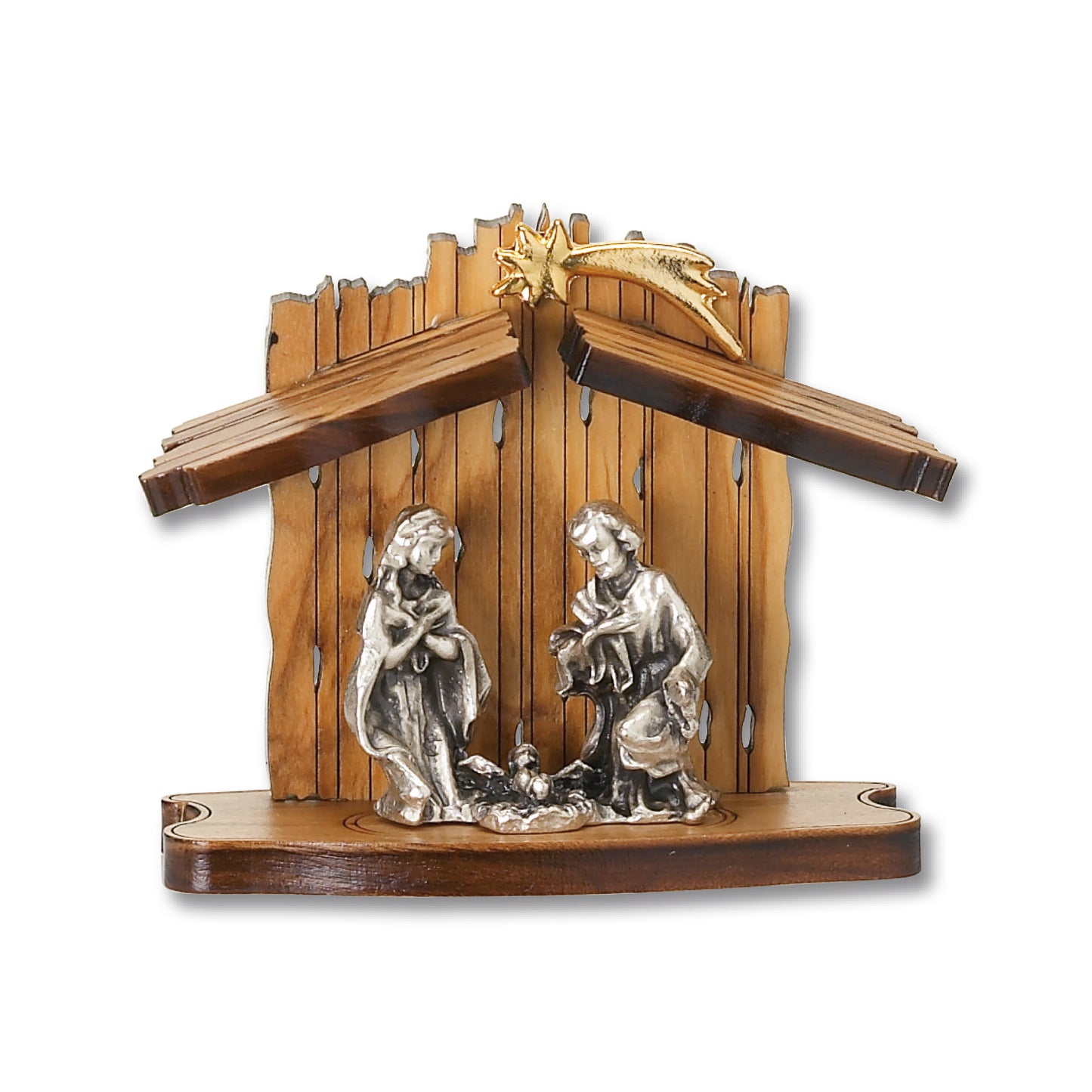 Belén de madera de olivo y metal, tamaño 2 3/4 x 2 1/2 pulgadas