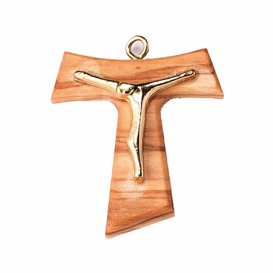 Cruz Tau, madera de olivo con Cristo de metal, tamaño 1,5 pulgadas
