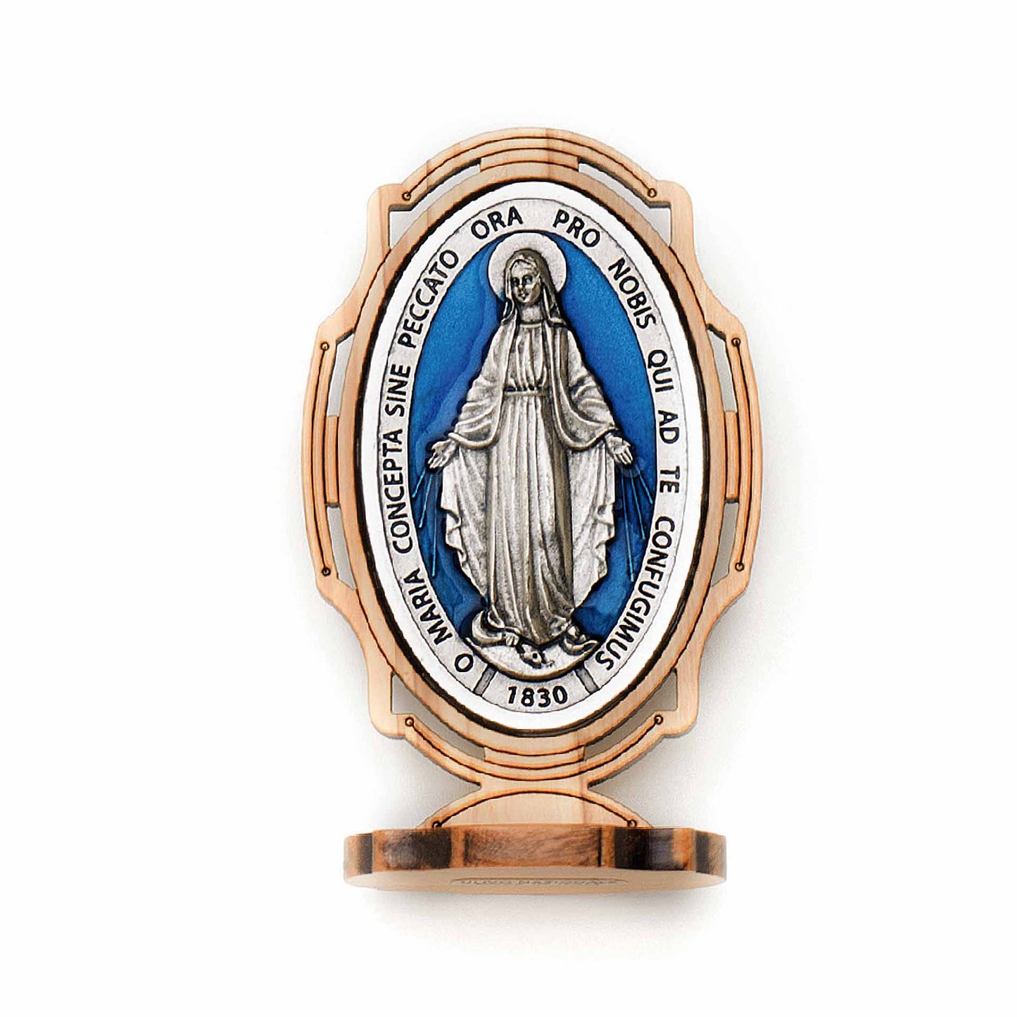 Miraculous medal in Metal and olive wood With Base 4x2.5 Inches