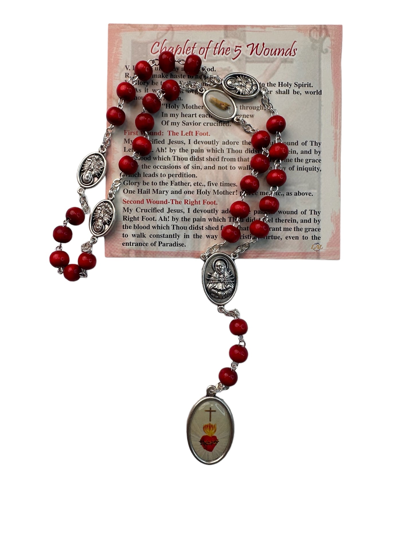 Rosary, 5 Wounds in wood + card