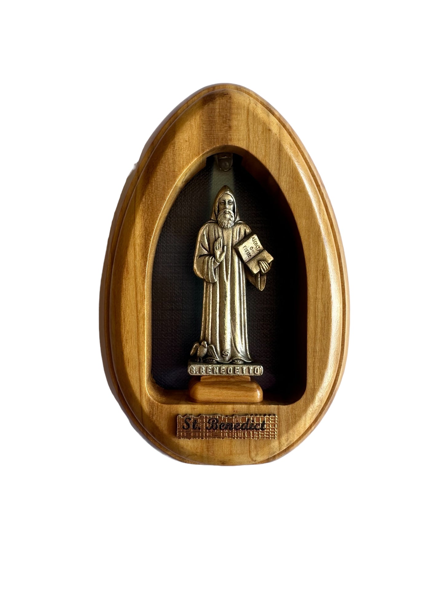 Olive Wood Niche With a Statuette of Saint Benedict with Light/Size: 4 Inches