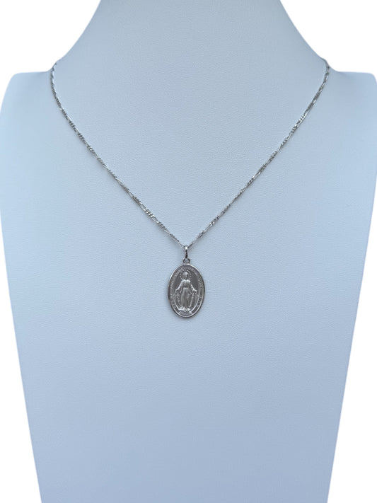 Medaglia Madonna Miracolosa in Argento rodiato 925 ovale mm.23 Con Catena in Argento 925 cm 23,5