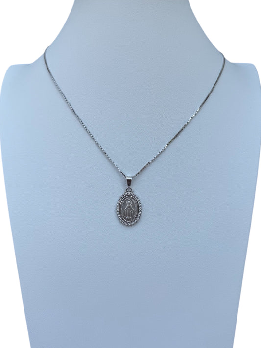 Medaglia Miracolosa in Argento 925 con Strass e Catena da 19 pollici