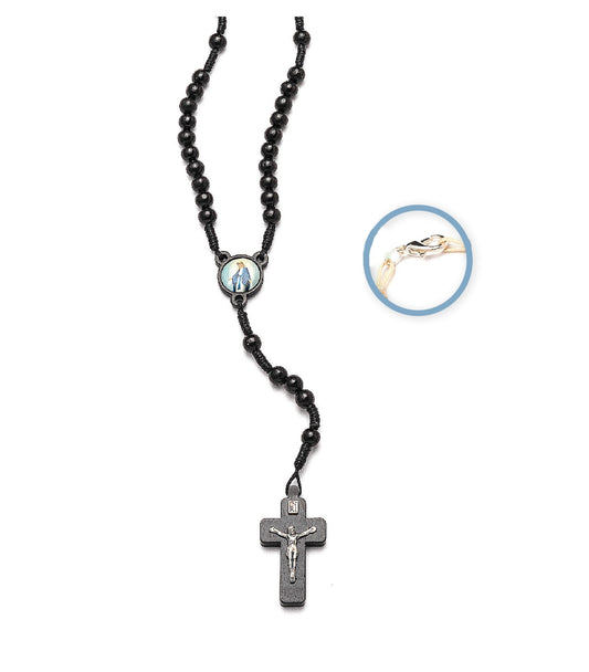 Collana Rosario con Medaglia Miracolosa con Perline di Legno Nere