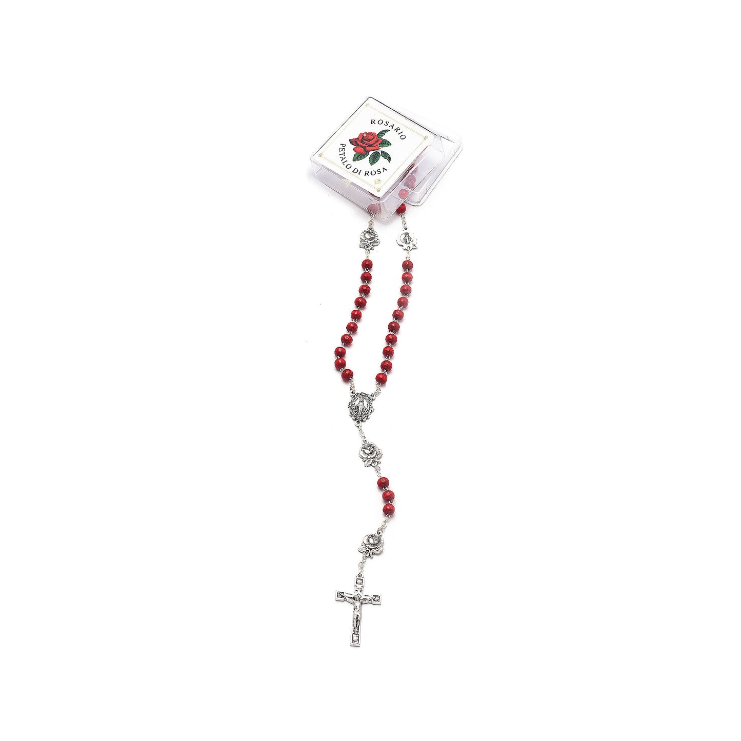Rosario con petali di rosa con medaglie di rosa e medaglia miracolosa